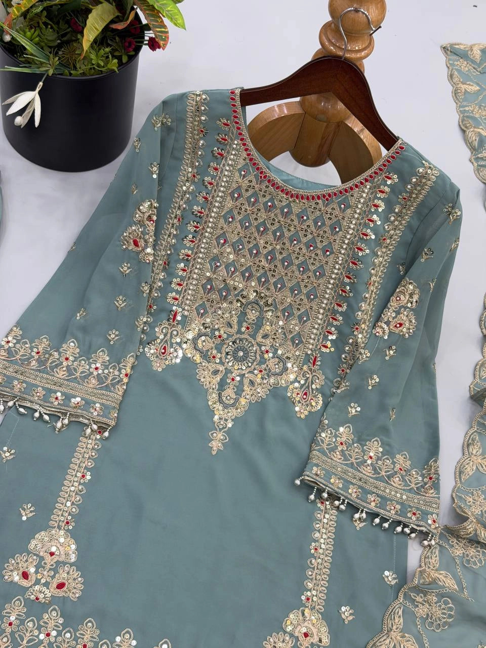 Sage Green Sequins Embroidered Sharara Suit flat lay 10 – Kalyanja KU305